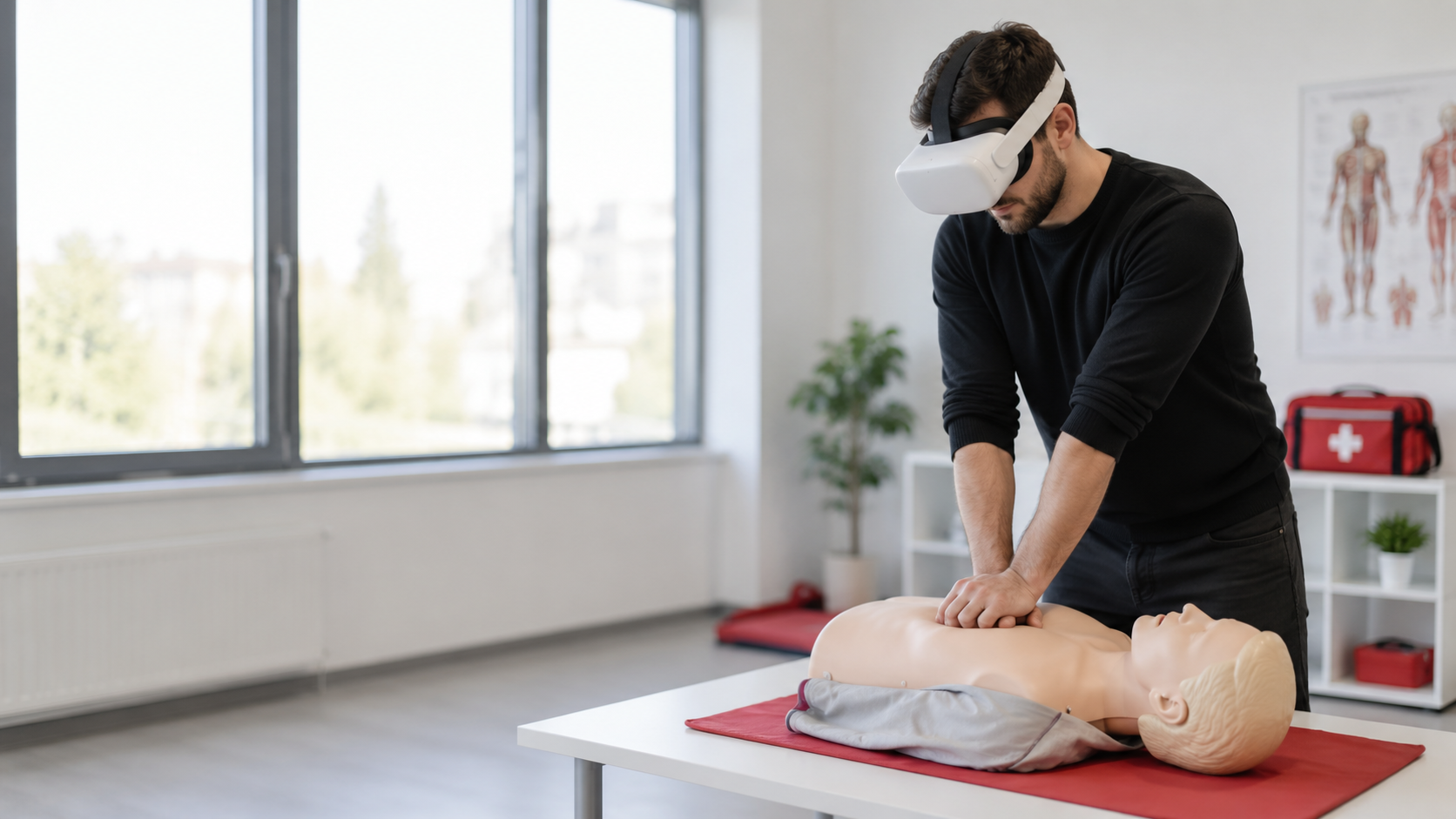 Účastník kurzu prvej pomoci trénuje vo virtuálnej realite pri resuscitačnej figuríne